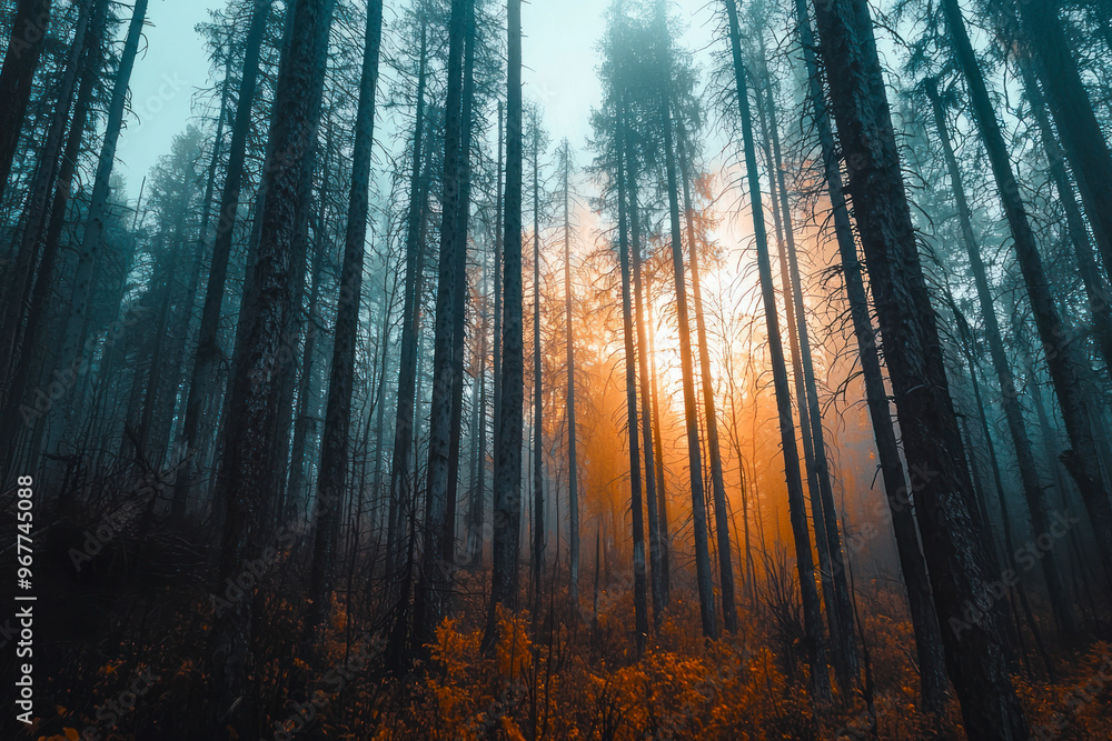 Obraz premium Tall and dried trees in summer season in the forest.