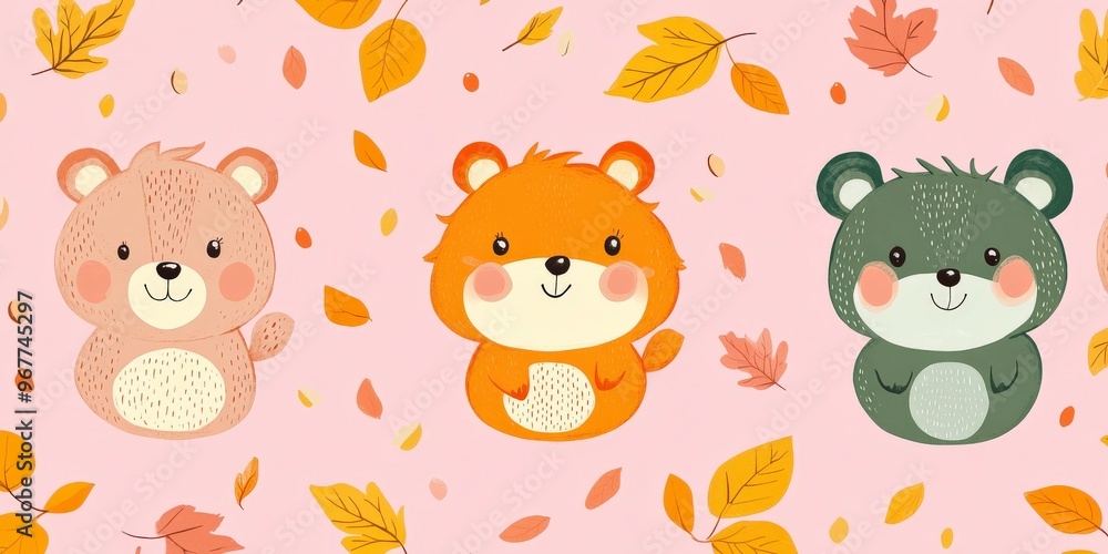 Seamless Kawaii Animal Pattern with Autumn Leaves on Pink Background Seamless Kawaii Animal Pattern with Autumn Leaves on Pink Background