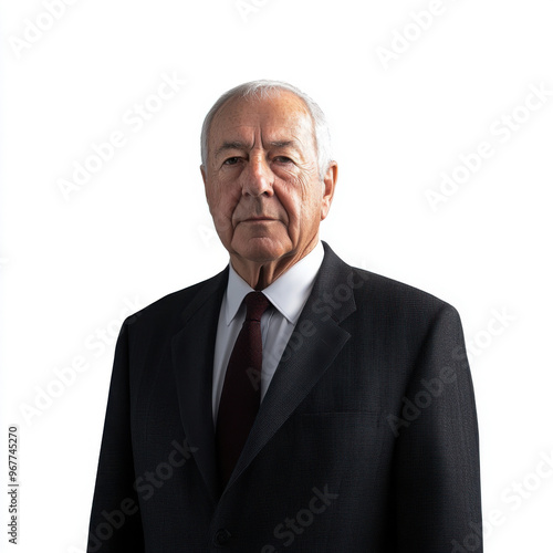 Elderly man in a formal suit, looking serious, standing against a white background, perfect for business and leadership themes.