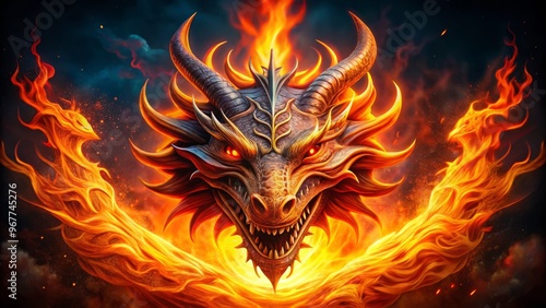 A majestic dragon's head encircles a fiery blaze, forming a powerful logo concept, with scales and flames intertwined photo