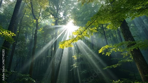 Beautiful magical sunrise in the forest. The sun's rays break through the trees in the fog. The mystical nature of the rainforest.