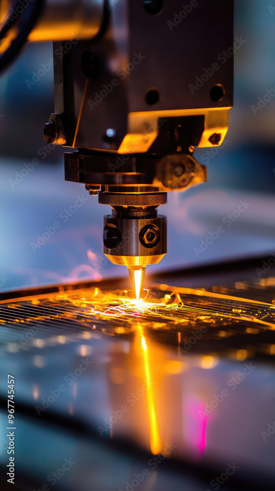 A technician using laser cutter for precision work, showcasing intricate process of cutting materials with high accuracy. vibrant sparks and focused beam highlight advanced technology involved A technician using laser cutter for precision work, showcasing intricate process of cutting materials with high accuracy. vibrant sparks and focused beam highlight advanced technology involved