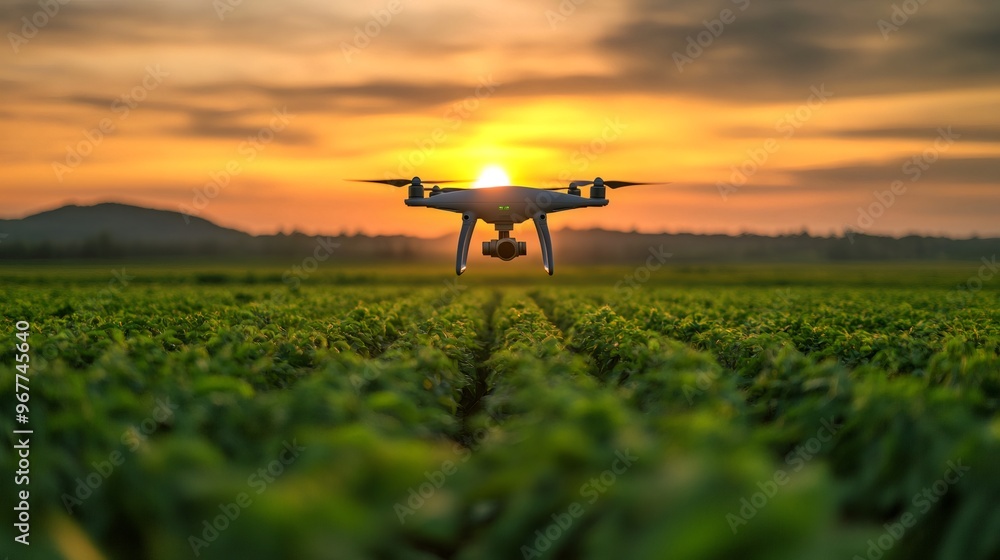 Drone flying over a field of green plants at sunset. Drone flying over a field of green plants at sunset.