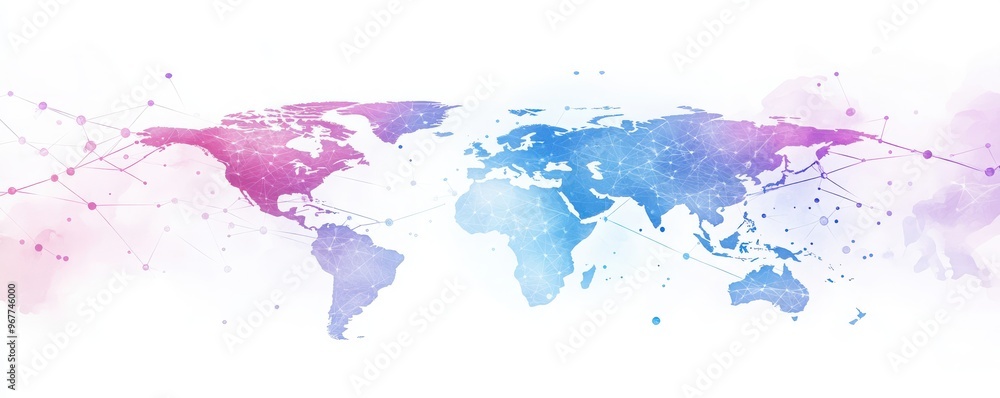 Obraz premium Abstract world network concept with world map and interconnected points, lines or connections in blue, purple and pink on white background. Vector illustration.