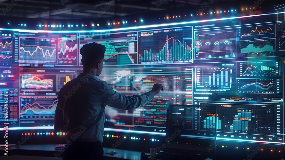 Futuristic Financial Analyst Monitoring and Assets Using Holographic Screens Futuristic Financial Analyst Monitoring and Assets Using Holographic Screens