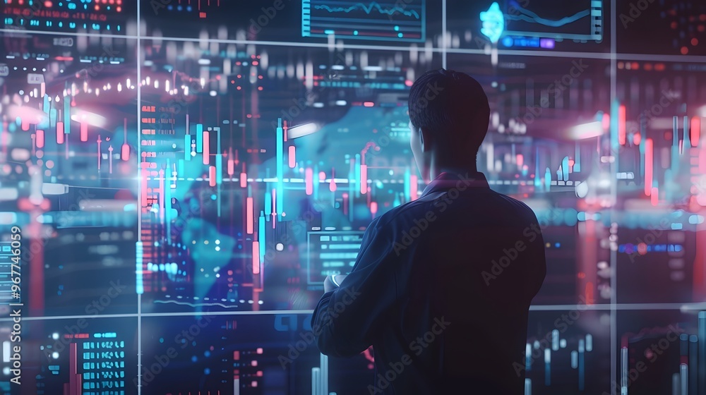 Futuristic Financial Analyst Monitoring Rapid Growth of and Assets Using Holographic Screens Futuristic Financial Analyst Monitoring Rapid Growth of and Assets Using Holographic Screens