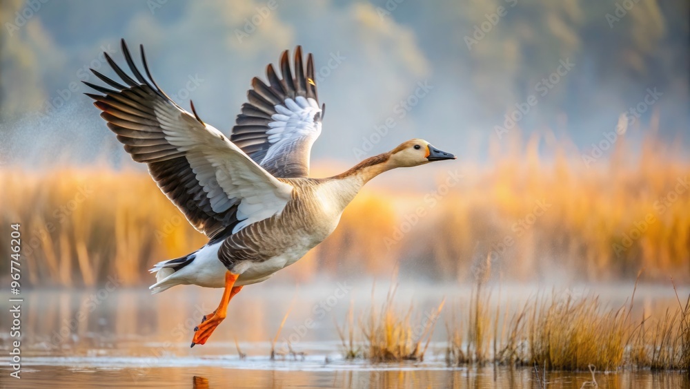 A majestic specklebelly goose takes flight, its white and brown plumage glistening in the sunlight, as it soars A majestic specklebelly goose takes flight, its white and brown plumage glistening in the sunlight, as it soars