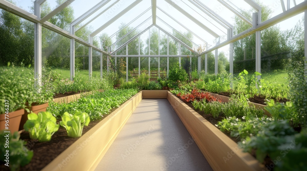 View of a greenhouse filled with greenery and wooden planters. View of a greenhouse filled with greenery and wooden planters.