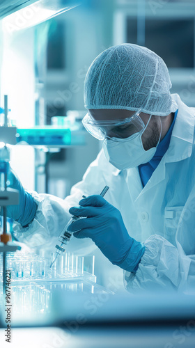 A technician working on medical device in lab, wearing protective gear and focused on precise tasks. environment is sterile and high tech, reflecting importance of safety and accuracy in medical resea photo