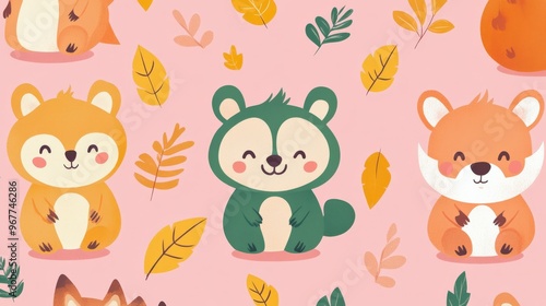 Seamless Kawaii Animal Pattern with Autumn Leaves on Pink Background