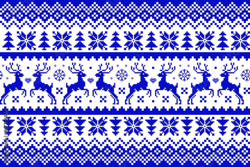 Vector illustration, Christmas pattern red background. Download Christmas wallpaper. Crossstitch pattern  High quality resolution for clothing decoration, embroidery. Christmas holidays.
