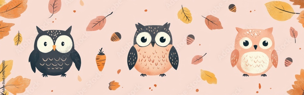 Fototapeta premium Seamless Kawaii Animal Pattern with Autumn Leaves on Pink Background