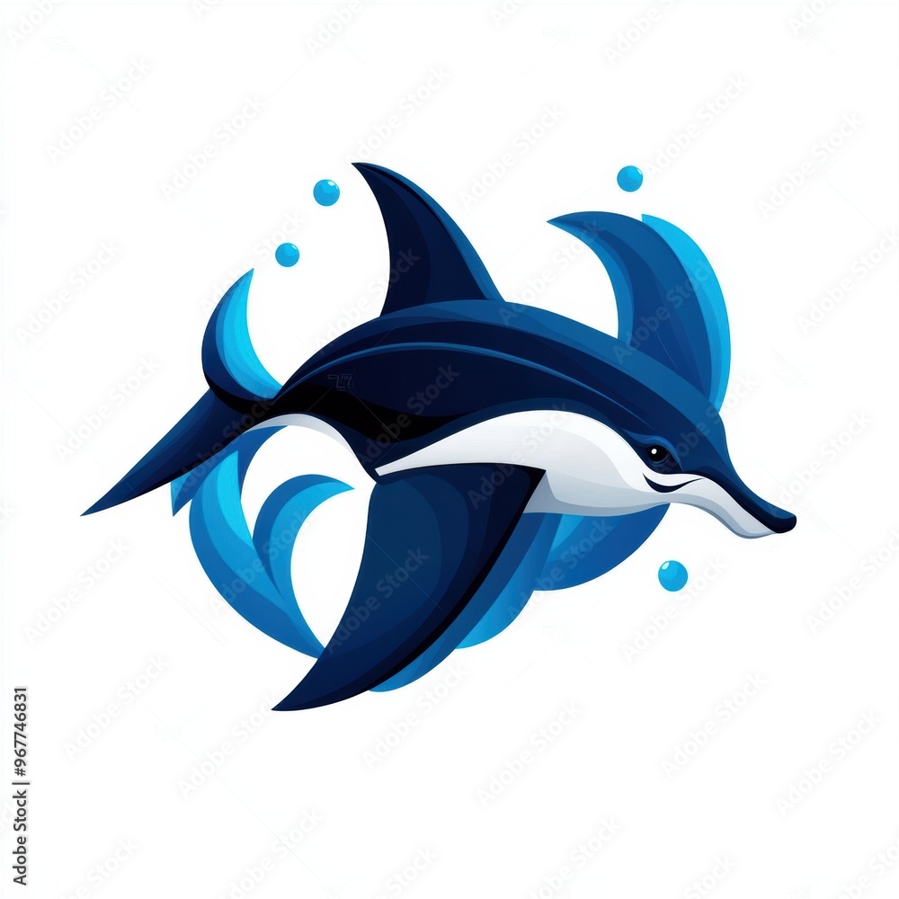 Obraz premium Stylized dolphin swimming gracefully with vibrant blue waves, embodying freedom and the beauty of marine life.