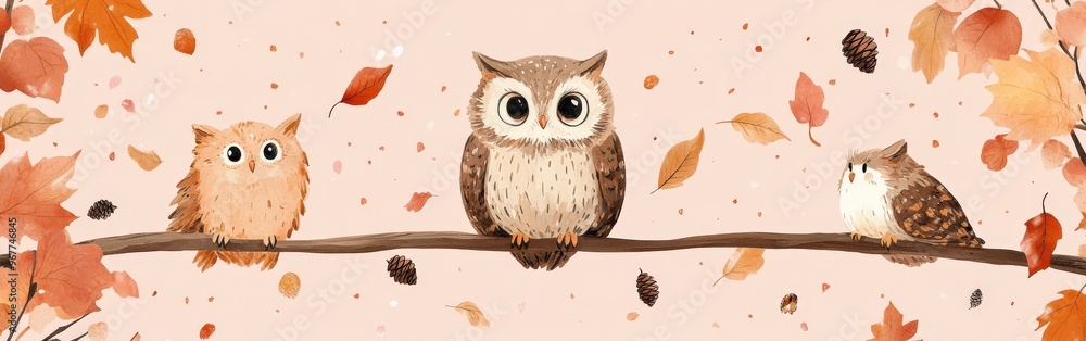 Seamless Kawaii Animal Pattern with Autumn Leaves on Pink Background Seamless Kawaii Animal Pattern with Autumn Leaves on Pink Background