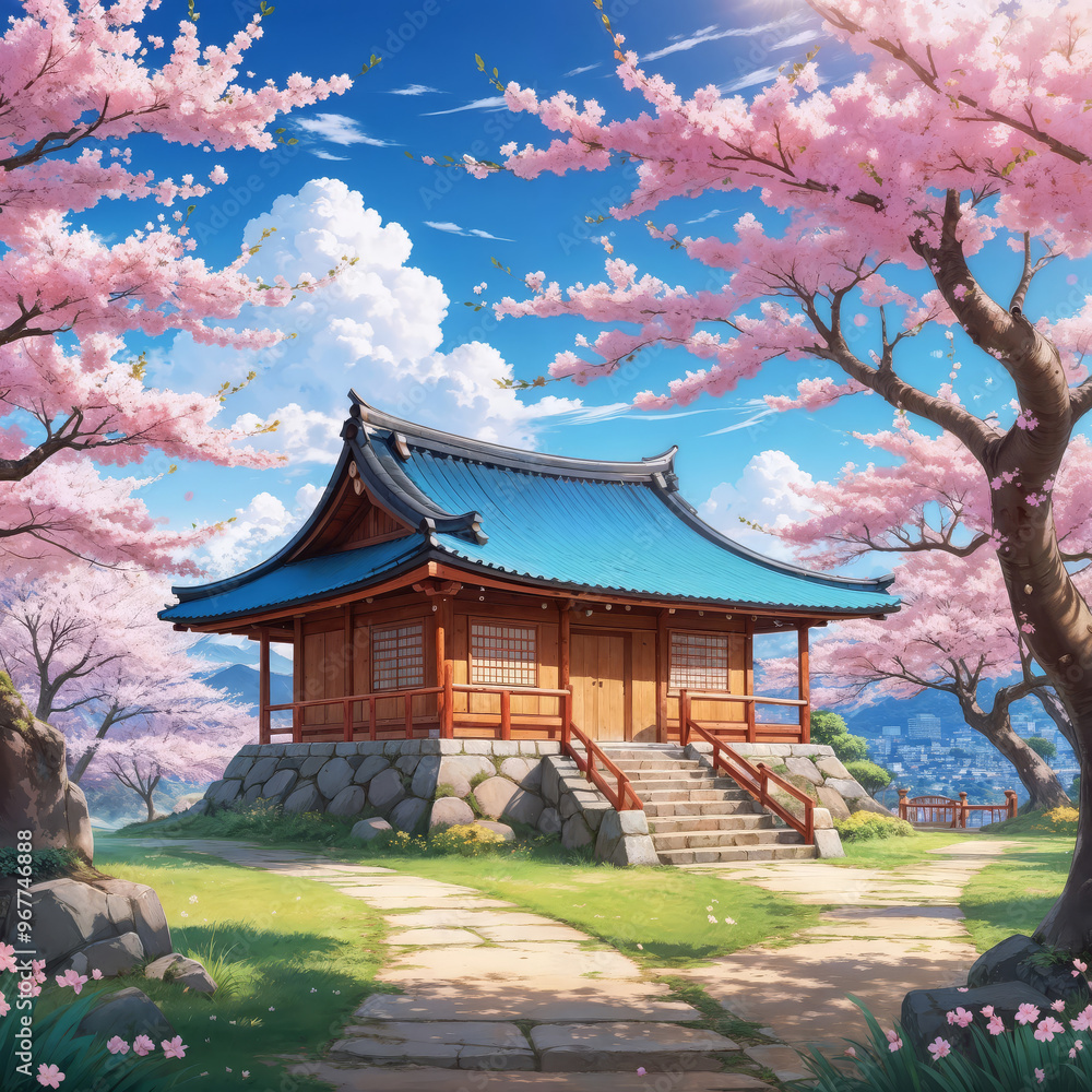 Tranquil Scene of asian House Under Cherry Blossom Tranquil Scene of asian House Under Cherry Blossom