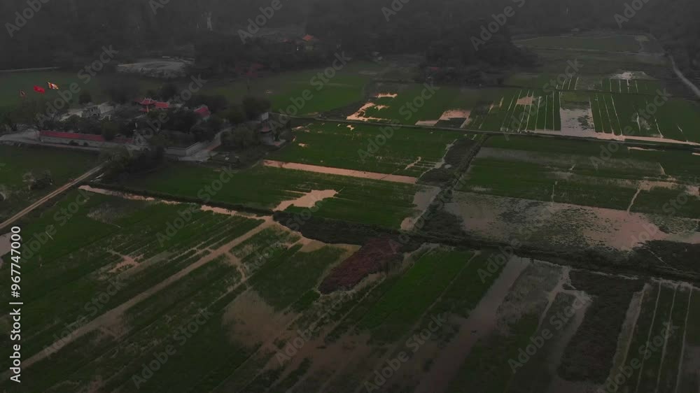 Aerial view of lush rice paddies and rocky mountains with a serene river, Ninh Binh, Vietnam. Aerial view of lush rice paddies and rocky mountains with a serene river, Ninh Binh, Vietnam.