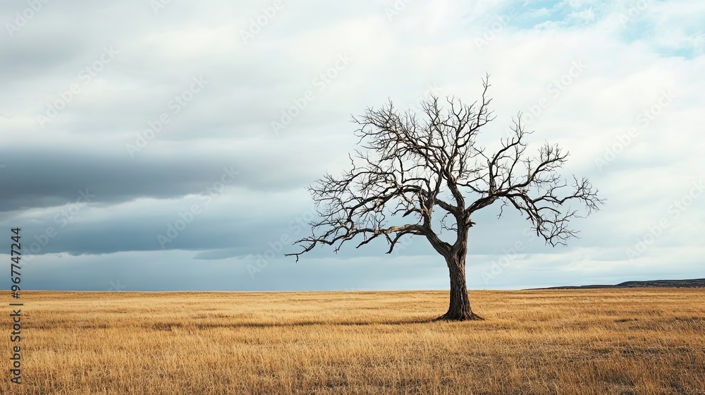 A Single Bare Tree Stands in a Field of Dry Grass Against a Cloudy Sky A Single Bare Tree Stands in a Field of Dry Grass Against a Cloudy Sky