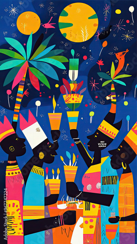 A vibrant depiction of Kwanzaa celebration featuring colorful figures holding candles and celebrating under starry night sky. joyful atmosphere is enhanced by bright colors and festive elements