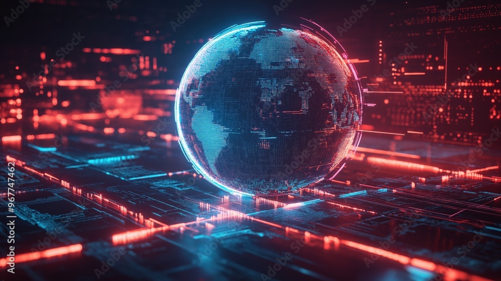 A futuristic glowing globe made of digital points, surrounded by red and blue neon circuit patterns, representing global technology, AI, and data networks in a high-tech environment. A futuristic glowing globe made of digital points, surrounded by red and blue neon circuit patterns, representing global technology, AI, and data networks in a high-tech environment.