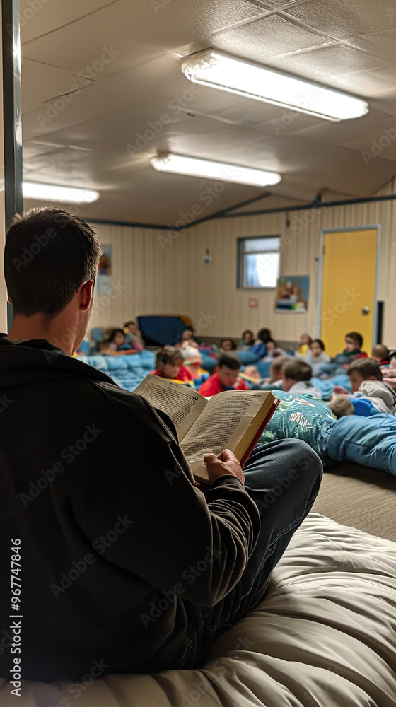 Fototapeta premium A volunteer reading to children in shelter creates warm and nurturing atmosphere. children are engaged and attentive, fostering sense of community and support