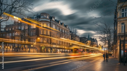 Nighttime Cityscape of Historic Buildings with Illuminated Architecture and a Bustling Urban Landscape. Long Exposure Captures Motion Blur of Pedestrians and Light Trails on a Busy Street