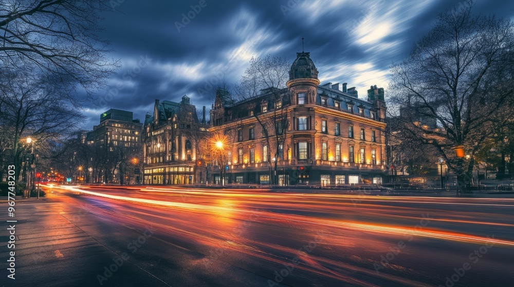 Naklejka premium Nighttime Cityscape of Historic Buildings with Illuminated Architecture and a Bustling Urban Landscape. Long Exposure Captures Motion Blur of Pedestrians and Light Trails on a Busy Street