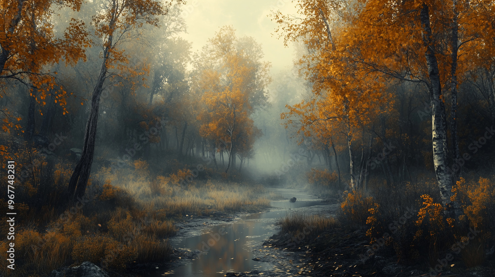 Fototapeta premium A serene autumn landscape featuring misty forest with vibrant orange foliage and gentle stream flowing through. tranquil atmosphere evokes sense of peace and reflection.