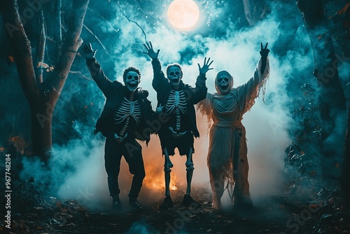 A trio of skeleton friends posing together, dressed in Halloween-themed outfits, perfect for a fun and spooky Halloween decoration or design photo