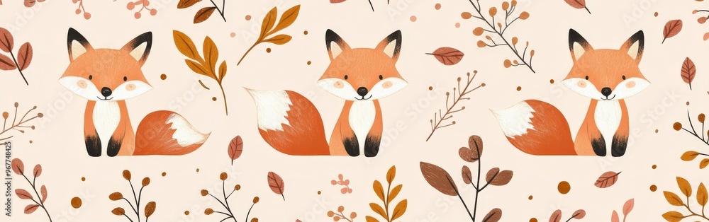 Fototapeta premium Seamless Kawaii Animal Pattern with Autumn Leaves on Pink Background