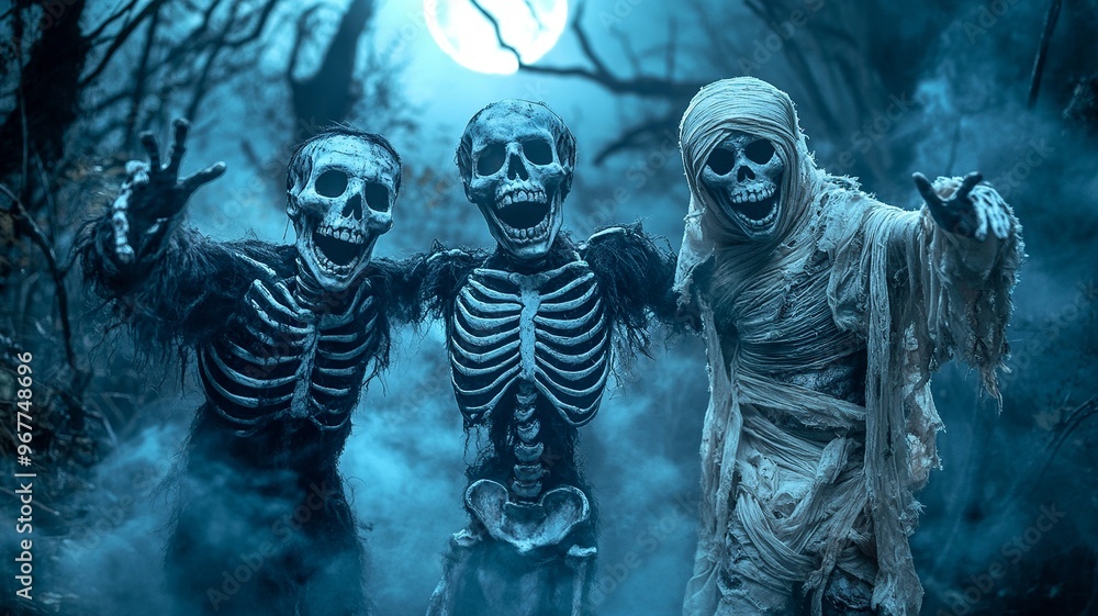 A trio of skeleton friends posing together, dressed in Halloween-themed outfits, perfect for a fun and spooky Halloween decoration or design A trio of skeleton friends posing together, dressed in Halloween-themed outfits, perfect for a fun and spooky Halloween decoration or design