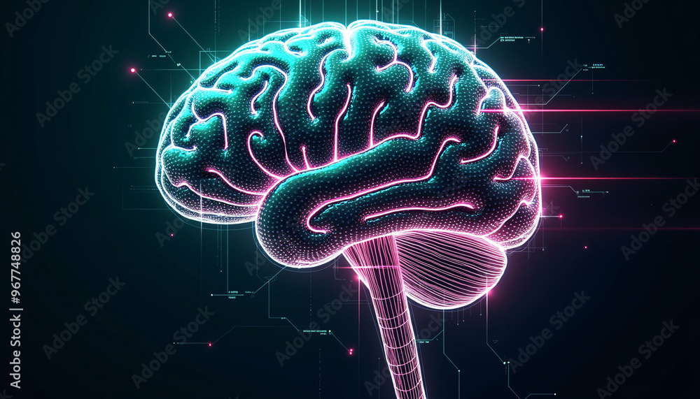 abstract representation of a human brain rendered in a cyberpunk-inspired, tech-art style. The brain is composed of interconnected circuits, glowing wires, and intricate microchips, creating a futuris abstract representation of a human brain rendered in a cyberpunk-inspired, tech-art style. The brain is composed of interconnected circuits, glowing wires, and intricate microchips, creating a futuris