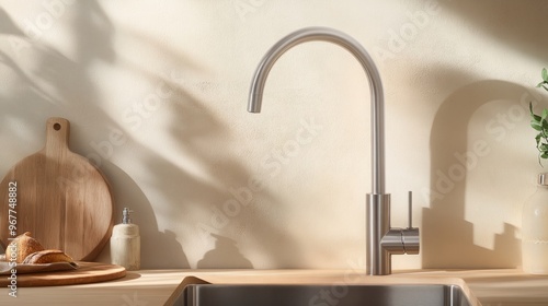 Award-Winning Product Photography of a Moen Kitchen Faucet with Curved Handle, Wooden Plate, and Stainless Steel Sink Against a Beige Wall. The Image Utilizes Soft Lighting and Natural