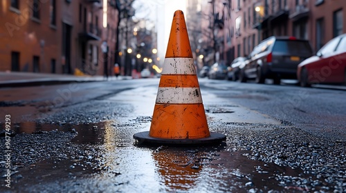 Lone Construction Cone on Empty Street Symbolizing Urban Transformation and Safety