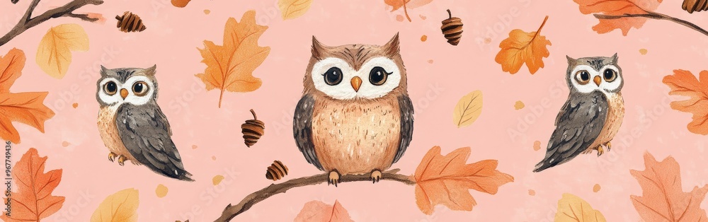 Fototapeta premium Seamless Kawaii Animal Pattern with Autumn Leaves on Pink Background