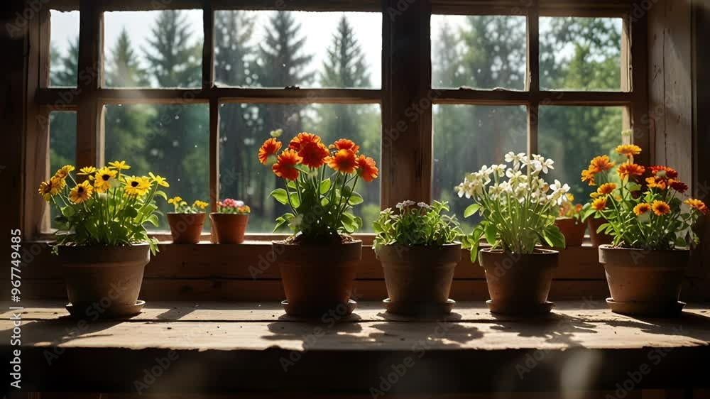 Some flower pots behind the wooden window and the morning sunlight begins to shine through. Seamless 4K looping timelapse video animation background Some flower pots behind the wooden window and the morning sunlight begins to shine through. Seamless 4K looping timelapse video animation background
