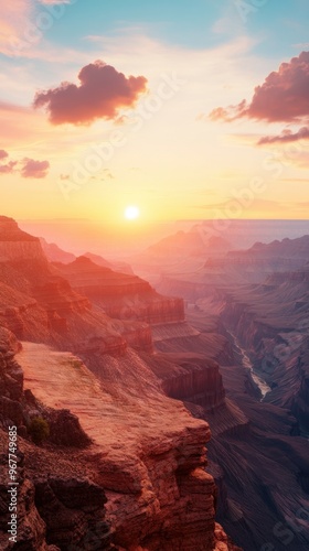 Breathtaking sunset over the Grand Canyon, illuminating the rugged landscape with vibrant colors and creating a serene atmosphere.