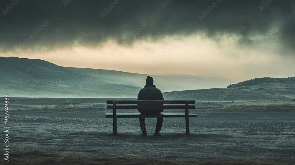 Obraz premium A Solitary Figure on a Bench Gazing at a Misty Landscape