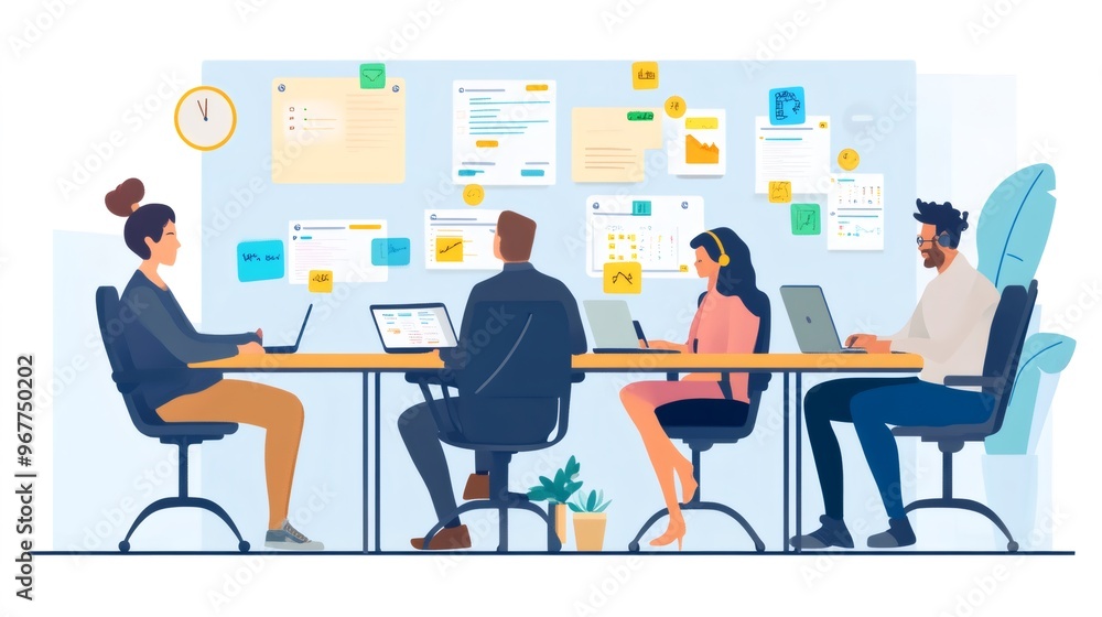 Four colleagues working together in a modern office with laptops, desk, and a whiteboard with sticky notes. Four colleagues working together in a modern office with laptops, desk, and a whiteboard with sticky notes.