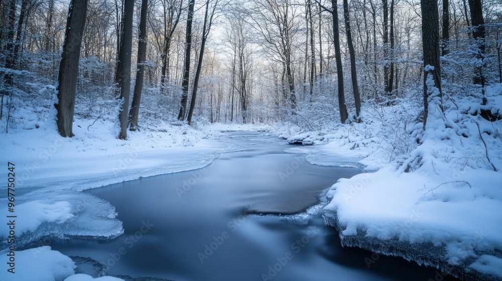 A serene winter landscape featuring a snowy river surrounded by trees.