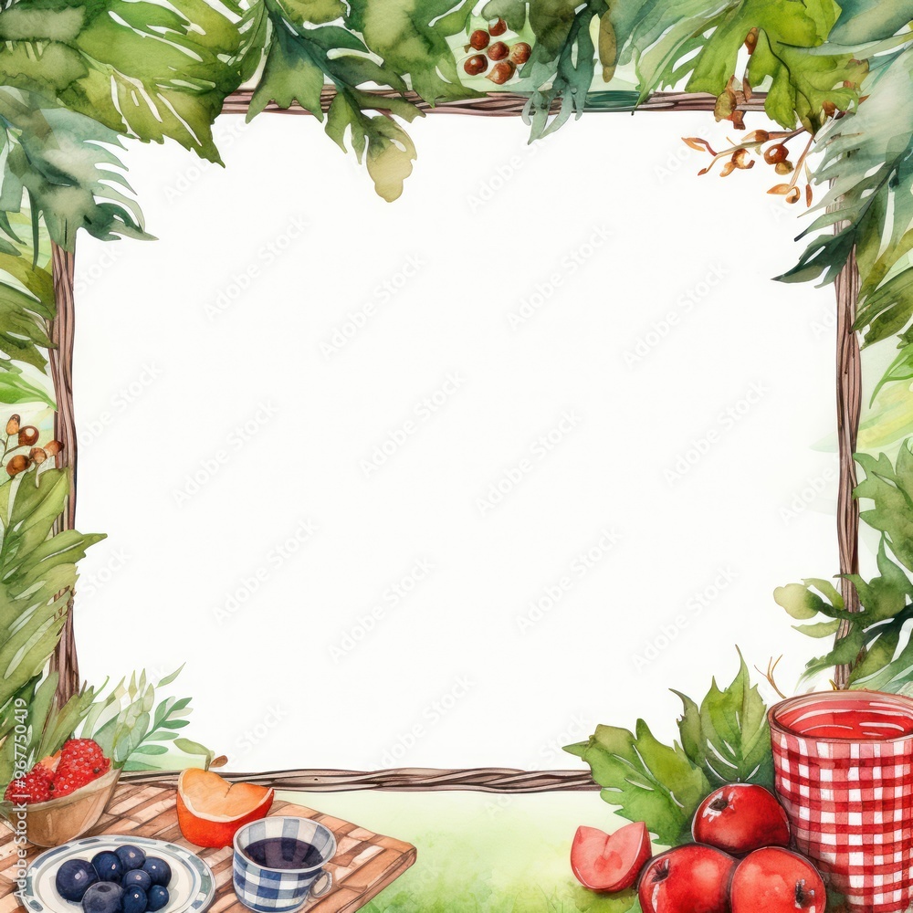 Rustic Picnic Basket with Fresh Produce. Watercolor Illustration. Frame Background With Empty Space for Text, Design Rustic Picnic Basket with Fresh Produce. Watercolor Illustration. Frame Background With Empty Space for Text, Design