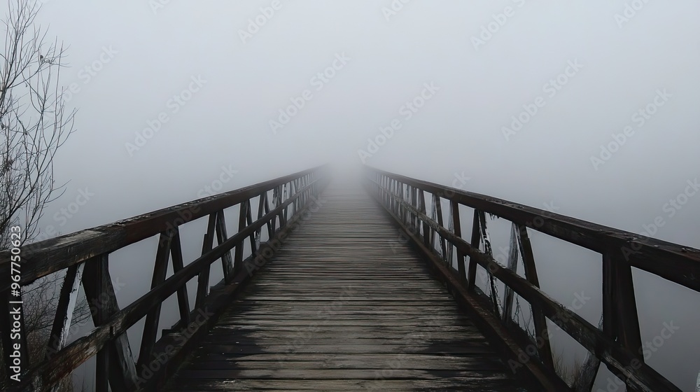 Fototapeta premium Wooden Bridge Leading into Dense Fog