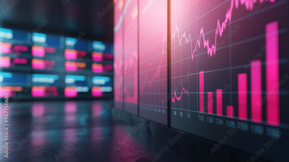 image showcases modern financial trading environment with vibrant graphs and charts displaying market trends. image showcases modern financial trading environment with vibrant graphs and charts displaying market trends.