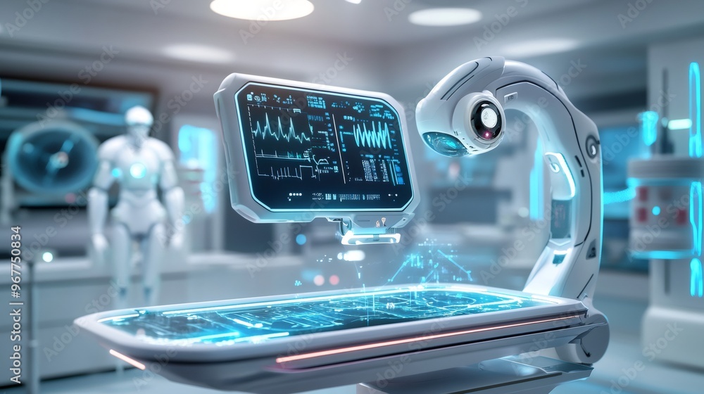 Obraz premium Futuristic medical examination table with monitor, robot, and medical equipment in a sterile white room.