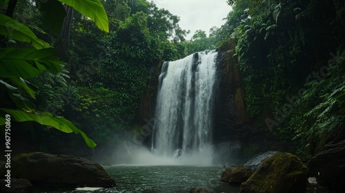 Majestic Waterfall Cascading Through a Lush Tropical Forest, Surrounded by Vibrant Greenery and Misty Atmosphere. A Serene Landscape Perfect for Nature Lovers and Outdoor Adventures in a Tropical Para