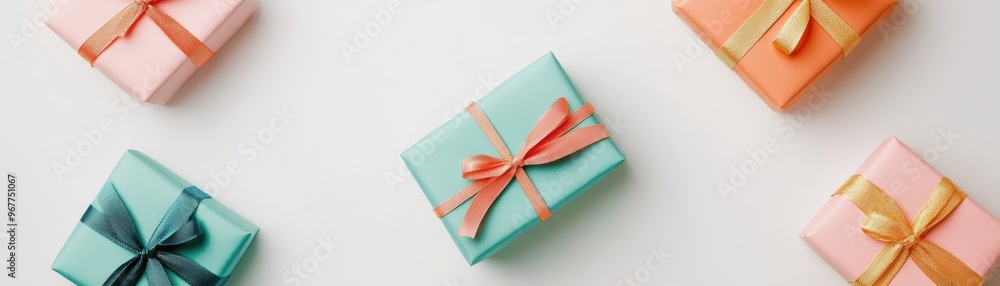 Minimalist Christmas gifts in pastel tones, wrapped with delicate ribbons, arranged on a flat white background for a soft look. Minimalist Christmas gifts in pastel tones, wrapped with delicate ribbons, arranged on a flat white background for a soft look.
