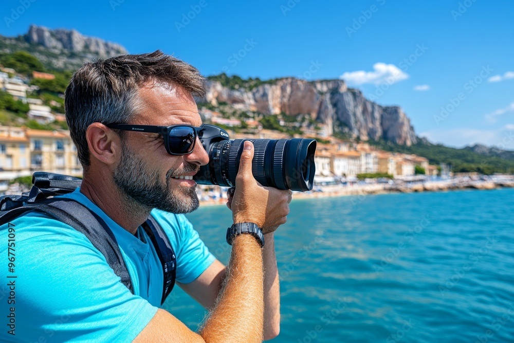 A photographer capturing the beauty of Cassis from a cruise ship, with the town’s colorful buildings and rugged coastline in the frame A photographer capturing the beauty of Cassis from a cruise ship, with the town’s colorful buildings and rugged coastline in the frame