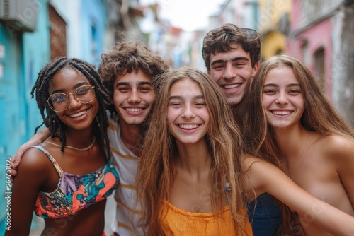 Multiracial group of friends having fun together outdoors on city street- Young cheerful people walking hugging outside- Next gen z lifestyle concept-Smiling student enjoying, Generative AI