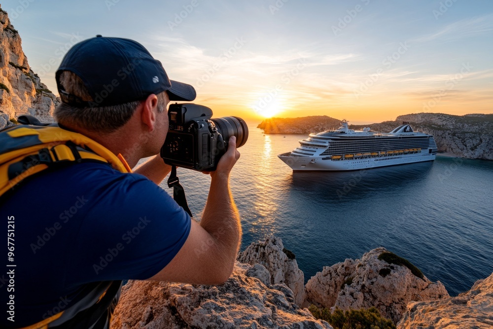 A photographer capturing the sunset over the Calanques, with a cruise ship docked in the background, enhancing the beauty of the scene A photographer capturing the sunset over the Calanques, with a cruise ship docked in the background, enhancing the beauty of the scene