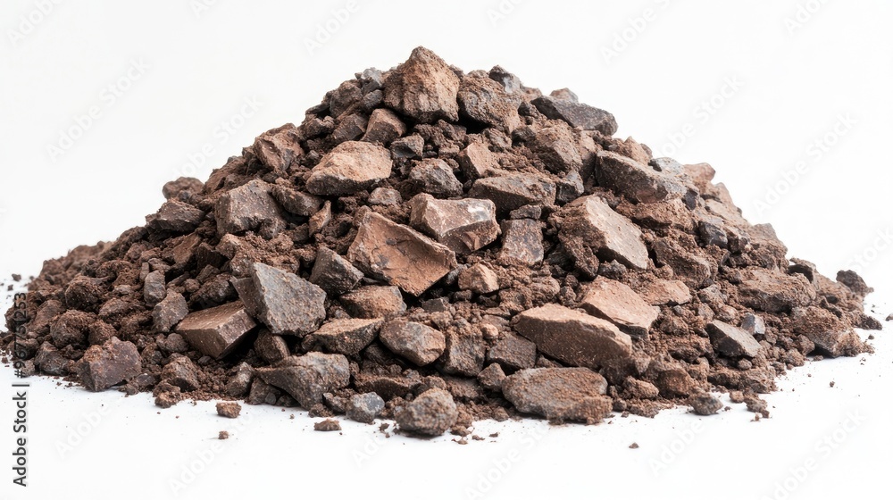 Pile of rough, crushed rocks and dirt on a white backdrop, emphasizing raw, industrial elements. Pile of rough, crushed rocks and dirt on a white backdrop, emphasizing raw, industrial elements.