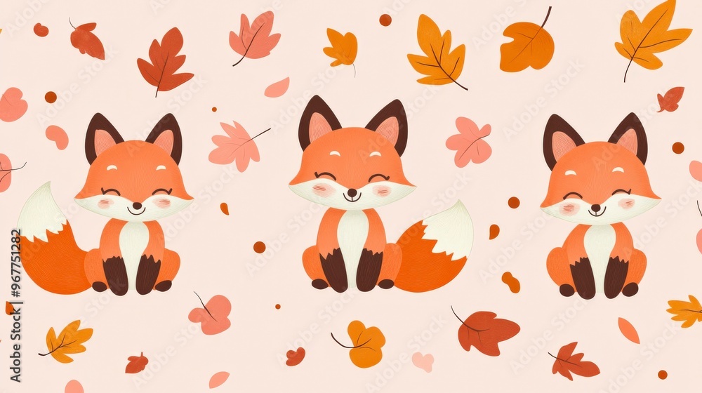 Seamless Kawaii Animal Pattern with Autumn Leaves on Pink Background Seamless Kawaii Animal Pattern with Autumn Leaves on Pink Background